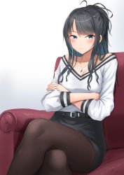 Rule 34 | 1girl, ahoge, angry, belt, black belt, black hair, black skirt, blue eyes, blush, breasts, chair, cleavage, closed mouth, commentary request, crossed arms, crossed legs, highres, idolmaster, idolmaster shiny colors, jewelry, kazano hiori, long hair, looking at viewer, looking to the side, medium breasts, miniskirt, mole, mole under mouth, necklace, pantyhose, parted bangs, ponytail, shougun (chuckni1), sidelocks, sitting, skirt, solo, sweater, white background, white sweater