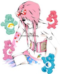 Rule 34 | 1boy, animal, arm tattoo, bear, bedtime bear, blue panties, blue thighhighs, blush, bow, candy, candy cane, care bears, closed eyes, collarbone, corset, crossdressing, disney, female focus, food, fruit, hair bow, ice cream, jewelry, long hair, love-a-lot bear, lowres, mickey mouse, mole, mole under mouth, mrstalin, necklace, nipples, pale skin, panties, pink hair, pink lips, polka dot, polka dot bow, red bow, secret bear, sitting, solo, spread legs, stomach tattoo, strawberry, striped clothes, striped thighhighs, tattoo, thighhighs, underwear, white background, wish bear