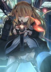 Rule 34 | 1girl, absurdres, aiming, aiming at viewer, armband, belt, black gloves, black jacket, black pantyhose, black ribbon, black skirt, blurry, blush, brown eyes, brown hair, buckle, buttons, cityscape, closed mouth, depth of field, explosive, fingerless gloves, flashbang, girls&#039; frontline, gloves, grenade, grenade pin, gun, hair ornament, hair ribbon, hairclip, highres, holding, holding gun, holding weapon, hood, hood down, hooded jacket, in mouth, jacket, lights, long hair, looking at viewer, midriff, navel, panties, pantyhose, pantyshot, partially unbuttoned, pleated skirt, ribbon, scar, scar across eye, scar on face, septet (zrca janne), shirt, sidelocks, skirt, smile, solo, standing, strap, thigh strap, twintails, ump9 (girls&#039; frontline), underwear, walkie-talkie, weapon, white panties, white shirt, wind, wind lift