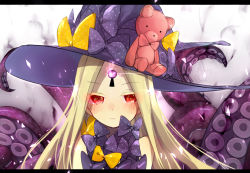Rule 34 | 1girl, abigail williams (fate), abigail williams (second ascension) (fate), bare shoulders, blush, bow, closed mouth, fate/grand order, fate (series), glowing, hat, keyhole, long hair, looking at viewer, parted bangs, polka dot, polka dot bow, purple bow, purple hat, red eyes, ruto (rutodesu), solo, stuffed animal, stuffed toy, suction cups, teddy bear, tentacles, witch hat, yellow bow