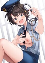 Rule 34 | 1girl, aqua eyes, arou (arrow x666), black hair, black necktie, blue hat, blue shirt, blue skirt, blush, breasts, cuffs, feet out of frame, hair ornament, hand on own chest, handcuffs, hat, highres, holding, holding handcuffs, hololive, knees up, large areolae, looking at viewer, medium breasts, miniskirt, necktie, oozora subaru, open clothes, open mouth, police, police hat, police uniform, policewoman, shirt, short hair, short sleeves, sitting, skirt, uniform, virtual youtuber, wavy mouth