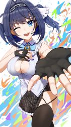 Rule 34 | 1girl, absurdres, black gloves, black hair, black shirt, black skirt, black thighhighs, blue hair, bow, breasts, chain, cleavage cutout, clothing cutout, colored inner hair, cropped shirt, gloves, hair bow, hair intakes, hand on own chest, headband, heart-shaped gem, highres, hololive, hololive english, matmaj, medium breasts, miniskirt, multicolored hair, ouro kronii, partially fingerless gloves, pinstripe pattern, pinstripe shirt, pinstripe skirt, reaching, reaching towards viewer, shirt, short hair, skirt, sleeveless, sleeveless shirt, striped, thighhighs, two side up, underboob, virtual youtuber, white bow, zipper