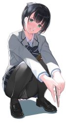 Rule 34 | 1girl, black hair, black pantyhose, blazer, blush, cellphone, commentary request, crotch seam, green eyes, hair ribbon, head tilt, highres, holding, holding phone, jacket, loafers, long hair, long sleeves, looking at viewer, mibu natsuki, neckerchief, original, panties, panties under pantyhose, pantyhose, pantyshot, parted lips, phone, plaid, plaid skirt, ponytail, ribbon, school uniform, shirt, shoes, simple background, skirt, smartphone, smile, solo, squatting, underwear, white background, white panties, white shirt