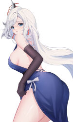Rule 34 | 1girl, absurdres, ass, backless dress, backless outfit, bare back, bare shoulders, black gloves, blue dress, blue eyes, breasts, commentary, cowboy shot, dress, elbow gloves, genshin impact, gloves, hair ornament, highres, lml, long hair, looking at viewer, medium breasts, shenhe (genshin impact), simple background, solo, standing, thighs, very long hair, white background, white hair