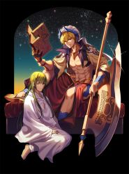Rule 34 | 1boy, 1other, abs, androgynous, blonde hair, commentary, enkidu (fate), fate/grand order, fate (series), gauntlets, gilgamesh, gilgamesh (caster) (fate), gilgamesh (fate), green hair, kamesu, light smile, long hair, parted lips, robe, sitting, sky, smile, star (sky), starry sky, stone tablet, twilight, very long hair, weapon, white headwear, white robe