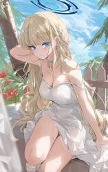 Rule 34 | 1girl, bare shoulders, blonde hair, blue archive, blue eyes, blue sky, blush, breasts, choker, cleavage, collarbone, dema hmw, dress, earrings, halo, highres, jewelry, long hair, looking at viewer, medium breasts, sky, solo, thighs, toki (blue archive), white dress