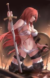 Rule 34 | 1girl, bikini, black footwear, boots, boudica (fate), breasts, cleavage, den (kur0 yuki), fate/grand order, fate (series), green eyes, highres, kneeling, large breasts, long hair, navel, o-ring, red hair, shield, solo, swimsuit, sword, thigh boots, thigh strap, thighhighs, thighs, weapon, white bikini