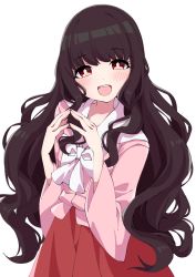 Rule 34 | 1girl, :d, black hair, blush, bow, bowtie, commentary request, cowboy shot, hands up, highres, houraisan kaguya, long hair, long sleeves, looking at viewer, open mouth, own hands together, pink shirt, red eyes, red skirt, shirt, simple background, skirt, smile, solo, touhou, tsukimirin, very long hair, white background, white bow, white bowtie, wide sleeves