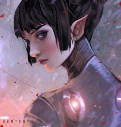 Rule 34 | 1girl, artist name, bad deviantart id, bad id, black hair, blue eyes, blunt bangs, blush, bodysuit, closed mouth, elf, from behind, glowing, looking back, numyumy, original, pointy ears, profile, rain, red lips, science fiction, serious, short hair, solo, water