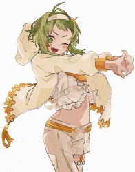 Rule 34 | 1girl, asymmetrical legwear, commentary, cowboy shot, crop top, fang, flower, frilled shirt, frills, fukomo, garter straps, green eyes, green hair, grey background, gumi, hair intakes, headband, hood, hooded jacket, interlocked fingers, jacket, looking at viewer, midriff, navel, one eye closed, open mouth, orange flower, orange neckwear, outstretched arms, own hands together, pants, shirt, short hair, sidelocks, simple background, smile, solo, stretching, v-shaped eyebrows, vocaloid, white jacket, white pants, white shirt