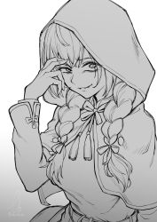 Rule 34 | 1girl, braid, capelet, ebiblue, gesugao, greyscale, grin, hair ribbon, highres, hood, hood up, hooded capelet, kantai collection, long hair, long sleeves, monochrome, ribbon, shinshuu maru (kancolle), signature, simple background, smile, solo, tassel, twin braids, twitter username, unfinished