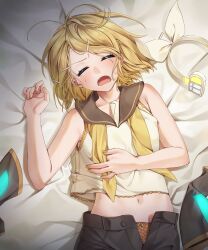 Rule 34 | 1girl, absurdres, bare arms, bare shoulders, bed sheet, black shorts, black sleeves, blonde hair, bow, closed eyes, detached sleeves, fang, hair bow, hair ornament, hairband, unworn hairband, hairclip, unworn hairclip, hand on own stomach, headphones, headphones removed, headset, highres, hot, inu8neko, kagamine rin, lying, messy hair, midriff, navel, neckerchief, on back, on bed, open fly, open mouth, orange panties, panties, polka dot, polka dot panties, sailor collar, sailor shirt, shirt, short hair, shorts, sleeveless, sleeveless shirt, unworn sleeves, solo, sweat, underwear, undone neckerchief, vocaloid, white bow, white shirt, yellow neckerchief