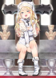 Rule 34 | 1girl, agnamore, bad id, bad pixiv id, between legs, blonde hair, blue eyes, blurry, blurry background, blush, boots, breasts, chalice, cleavage, cleavage cutout, clothing cutout, commentary, cross, cup, depth of field, detached sleeves, dress, habit, half-closed eyes, hand between legs, latin cross, long hair, long sleeves, looking at viewer, nun, open mouth, original, pigeon-toed, pussy juice, saliva, short dress, sitting, sleeveless, sleeveless dress, small breasts, solo, tongue, tongue out, very long hair, white dress, white footwear, white sleeves