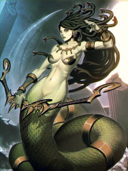 Rule 34 | 1girl, armlet, armpits, black nails, bottomless, bow (weapon), breasts, collarbone, fangs, genzoman, snake hair, greek mythology, green eyes, groin, heart pasties, holding, holding weapon, jewelry, lamia, large breasts, long hair, medusa (mythology), monster girl, nail polish, navel, necklace, parted lips, pasties, ribs, ruins, scales, signature, snake hair, solo, vambraces, very long hair, weapon