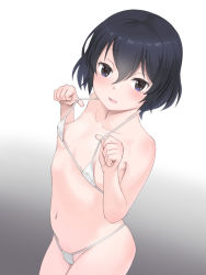 Rule 34 | 1girl, bikini, black hair, blue eyes, blush, breasts, collarbone, commentary request, gradient background, grey background, hair between eyes, looking at viewer, meow (nekodenki), micro bikini, navel, open mouth, original, short hair, small breasts, solo, swimsuit, white background, white bikini