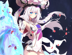 Rule 34 | 1girl, bare shoulders, blue eyes, closed mouth, covered navel, cowboy shot, dress, drill hair, fate/grand order, fate (series), from side, headgear, high collar, light blush, long hair, looking at viewer, marie antoinette (fate), marie antoinette (third ascension) (fate), microdress, raised eyebrows, simple background, skin tight, smile, solo, sparkle, twin drills, twintails, untue, white dress, white hair