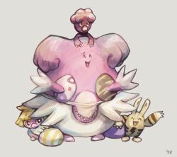 Rule 34 | apron, blissey, commentary, creatures (company), egg, elekid, fangs, food, full body, game freak, gen 2 pokemon, glitchedpuppet, grey background, grin, hiding, hiding behind another, highres, holding, holding egg, holding food, magby, nintendo, on head, pokemon, pokemon (creature), pokemon egg, pokemon mystery dungeon, pokemon on head, sad, simple background, smile, smoochum, standing, waving