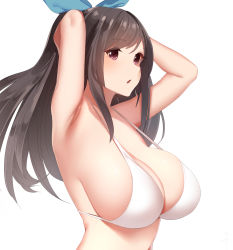 Rule 34 | 1girl, armpits, arms behind head, arms up, bare shoulders, bikini, bikini top only, blue bow, blush, bow, breasts, brown eyes, brown hair, cleavage, collarbone, hair bow, idolmaster, idolmaster shiny colors, large breasts, long hair, looking at viewer, open mouth, senju (snz0), sideboob, simple background, solo, swept bangs, swimsuit, tsukioka kogane, white background, white bikini