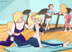 Rule 34 | 4girls, animated, armband, ass, barefoot, black hair, blonde hair, blue eyes, breasts, cleavage, closed eyes, closed mouth, crop top, dolphin shorts, earrings, eyelashes, female focus, from side, gym shorts, hair between eyes, hair tie, hand on another&#039;s leg, hand on another&#039;s shoulder, high ponytail, jewelry, kneeling, large breasts, leggings, lips, long hair, looking down, looping animation, mario (series), medium breasts, metroid, midriff, multiple girls, navel, nintendo, open mouth, pants, parted lips, princess peach, rosalina, samus aran, shorts, sleeveless, soles, split, sports bra, standing, star-shaped pupils, star (symbol), star earrings, star print, starlett, strap slip, stretched limb, stretching, super mario bros. 1, super mario galaxy, super smash bros., sweat, symbol-shaped pupils, toes, treadmill, twitter username, video, wii fit, wii fit trainer, wii fit trainer (female), yoga, yoga mat, yoga pants