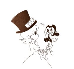 Rule 34 | 1girl, ?, ??, bendy, bendy and the ink machine, character doll, dress, gloves, greyscale, hat, monochrome, pac-man eyes, peacock (skullgirls), skullgirls, solid oval eyes, top hat, trait connection