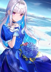 Rule 34 | 1girl, absurdres, blue choker, blue dress, blue flower, blue hair, bouquet, breasts, choker, cloud, collarbone, colored inner hair, dress, earrings, flower, gloves, hair behind ear, hand on own chest, head tilt, highres, holding, holding bouquet, huge filesize, jewelry, lize helesta, lize helesta (3rd costume), looking at viewer, multicolored hair, necklace, nijisanji, purple eyes, ringopan, silver hair, sky, small breasts, smile, solo, virtual youtuber, white gloves