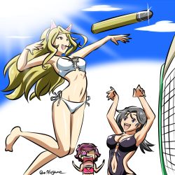 Rule 34 | 3girls, :d, animal ears, bikini, black one-piece swimsuit, blonde hair, blue sky, breasts, cat ears, clothing cutout, cloud, cloudy sky, commentary, day, eyepatch, fake animal ears, food, freckles, fruit, girls und panzer, grey hair, hairband, jaw drop, jumping, kogane (staygold), long hair, looking at another, lowres, medium breasts, momogaa (girls und panzer), multiple girls, navel, navel cutout, nekonyaa (girls und panzer), no eyewear, one-hour drawing challenge, one-piece swimsuit, open mouth, outdoors, peach, pink bikini, pink hairband, piyotan (girls und panzer), ponytail, red hair, shaded face, side-tie bikini bottom, sky, smile, sparkle, spiking, standing, strapless, strapless bikini, swimsuit, tank shell, twitter username, volleyball net, white bikini