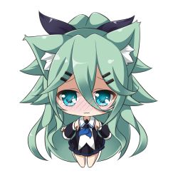 Rule 34 | 10s, 1girl, animal ears, aqua eyes, blush, cat ears, chibi, commentary request, detached sleeves, green hair, hair between eyes, hair ornament, hair ribbon, hairclip, kantai collection, kemonomimi mode, long hair, looking at viewer, peta (taleslove596), pleated skirt, ribbon, school uniform, serafuku, simple background, skirt, solo, wavy mouth, white background, yamakaze (kancolle)