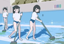 Rule 34 | 3girls, animated, animated gif, barefoot, black hair, cleaning, female focus, hair bobbles, hair ornament, looping animation, medium hair, multiple girls, original, peco-pech, pixel art, pool, shirt, short hair, standing, swimsuit, swimsuit under clothes, twintails, water, white shirt