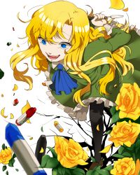 Rule 34 | 1girl, ascot, bad id, bad pixiv id, blonde hair, blue eyes, dress, flower, gom (g 0), ib (kouri), laughing, long hair, mary (ib), open mouth, palette knife, rose, solo