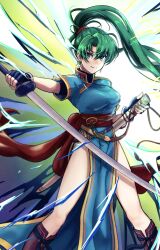 Rule 34 | 1girl, absurdres, black gloves, black undershirt, blue dress, boots, breasts, brown footwear, commentary request, dress, earrings, fingerless gloves, fire emblem, fire emblem: the blazing blade, gloves, green eyes, green hair, high ponytail, highres, holding, holding sheath, holding sword, holding weapon, jewelry, knee boots, large breasts, long hair, looking at viewer, lyn (fire emblem), nintendo, outstretched arm, pelvic curtain, ponytail, rooru kyaabetsu, rope belt, sash, scabbard, sheath, short sleeves, smile, solo, standing, sword, thighs, turtleneck, very long hair, weapon