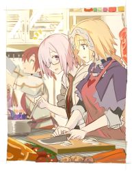 Rule 34 | 3girls, apron, black dress, blonde hair, blue eyes, blurry, boudica (fate), braid, breasts, cape, capelet, carrot, chain, cheese, cooking, cutting, cutting board, depth of field, dress, fate/apocrypha, fate/grand order, fate (series), food, gauntlets, glasses, green eyes, hair over one eye, headpiece, heart, jacket, jeanne d&#039;arc (fate), jeanne d&#039;arc (ruler) (fate), juliet sleeves, kitchen, knife, long sleeves, looking at another, mash kyrielight, meat, multiple girls, necktie, ningen (ningen96), onion, ponytail, pot, potato, puffy sleeves, purple cape, purple eyes, purple hair, red hair, shirt, short hair, single braid, sleeves rolled up, smile, stirring, tail, tomato, upper body, when you see it, white shirt