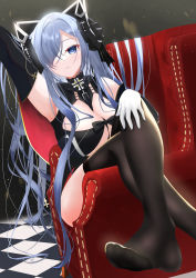 Rule 34 | 1girl, absurdly long hair, absurdres, august von parseval (azur lane), azur lane, between breasts, black horns, black thighhighs, blue eyes, blue hair, breasts, checkered floor, crossed legs, curled horns, foot out of frame, gloves, hair over one eye, highres, horns, large breasts, long hair, mechanical horns, sitting, solo, strap between breasts, thighhighs, tsuri pi, very long hair, white gloves