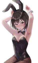 Rule 34 | 1girl, animal ears, armpits, arms up, bare shoulders, black hair, black leotard, blush, bow, bowtie, breasts, brown eyes, detached collar, fake animal ears, fishnets, fumei (mugendai), highres, leotard, pantyhose, playboy bunny, rabbit ears, small breasts, solo, strapless, strapless leotard, touhou, usami renko, wrist cuffs