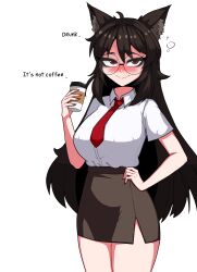 Rule 34 | 1girl, alternate costume, animal ear fluff, animal ears, bespectacled, black-framed eyewear, blush, breasts, brown hair, brown skirt, closed mouth, coffee cup, commentary, cowboy shot, cup, disposable cup, drunk, english commentary, english text, fingernails, glasses, hand on own hip, highres, imaizumi kagerou, large breasts, long hair, looking at viewer, medium bangs, necktie, nose blush, office lady, pencil skirt, red eyes, red nails, red necktie, round eyewear, sakamuotoo, shirt tucked in, simple background, skirt, smile, solo, squeans, tented shirt, touhou, very long hair, white background, wolf ears, wolf girl