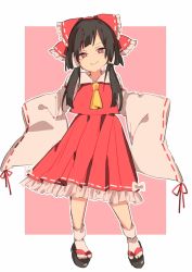 Rule 34 | 1girl, ascot, black hair, blouse, bow, detached sleeves, frilled skirt, frills, hair bow, hair tubes, hakurei reimu, hands in opposite sleeves, head tilt, highres, large bow, long hair, looking at viewer, no nose, pleated skirt, red eyes, sandals, shirt, skirt, skirt set, smile, so happy 64, socks, solo, touhou, wide sleeves