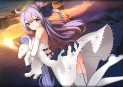 1girl ass azur_lane dress elliotcf female_focus from_behind highres light_purple_hair long_hair looking_back no_panties smile solo stuffed_animal stuffed_toy sunset thighhighs unicorn unicorn_(azur_lane)