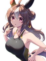 Rule 34 | 1girl, ahoge, animal ears, armpits, black one-piece swimsuit, blush, breasts, brown hair, collarbone, commentary request, competition swimsuit, copano rickey (umamusume), double bun, ear covers, hair between eyes, hair bun, hair ornament, highres, horse ears, horse girl, horse tail, looking at viewer, medium breasts, multicolored hair, one-piece swimsuit, pataneet, pointing, pointing at self, red eyes, simple background, solo, streaked hair, swimsuit, tail, umamusume, white background, white hair