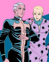 Rule 34 | 2boys, blonde hair, blue eyes, commentary request, dark-skinned male, dark skin, enrico pucci, green lips, grey hair, hage tashuumi, hand in pocket, highres, holding, holding rope, jojo no kimyou na bouken, long sideburns, male focus, multiple boys, pink lips, priest, rope, short hair, sideburns, sports max, stone ocean, thick eyebrows, very short hair