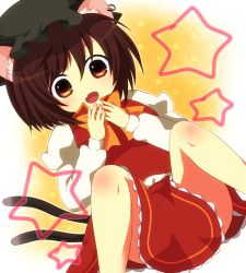 Rule 34 | 1girl, animal ears, brown eyes, brown hair, cat ears, cat girl, cat tail, chen, fang, female focus, gradient background, hat, purin jiisan, solo, tail, touhou, white background