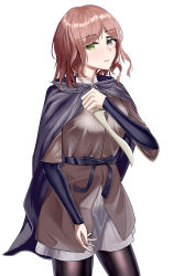 Rule 34 | 1girl, absurdres, black thighhighs, breasts, brown hair, brown jacket, chinese commentary, cloak, cracked skin, dagger, elden ring, feet out of frame, green eyes, grey eyes, heterochromia, highres, holding, holding dagger, holding knife, holding weapon, jacket, knife, light blush, long sleeves, looking at viewer, medium hair, melina (elden ring), one smoke, open mouth, pantyhose, purple cloak, solo, standing, thighhighs, weapon, white background