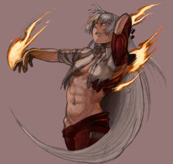 Rule 34 | 1girl, abs, arm up, bad id, bad pixiv id, evil grin, evil smile, female focus, fire, fujiwara no mokou, grin, groin, kirusu, long hair, looking down, muscular, open clothes, open shirt, outstretched arm, outstretched hand, red eyes, sharp teeth, shirt, silver hair, simple background, sketch, sleeves rolled up, smile, solo, teeth, torn clothes, touhou
