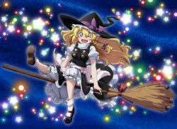 Rule 34 | 1girl, ;d, ankle socks, blonde hair, bloomers, bow, braid, broom, broom riding, commentary request, hair bow, hat, hat bow, kicking, kirisame marisa, leg up, long hair, looking at viewer, lunamoon, mary janes, one eye closed, open mouth, shoes, short sleeves, side braid, single braid, smile, socks, solo, star (symbol), touhou, underwear, wavy hair, witch hat, yellow eyes