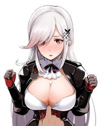 Rule 34 | 1boy, 1girl, azur lane, bad id, bad pixiv id, blush, breasts, butterfly hair ornament, choker, cleavage, clothes tug, detached collar, dunkerque (azur lane), eyes visible through hair, geso smith, grey hair, hair ornament, hands up, large breasts, long hair, looking at viewer, pink eyes, pov, shrug (clothing), sidelocks, simple background, solo focus, sweatdrop, swept bangs, upper body, white background