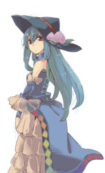 Rule 34 | 1girl, adapted costume, alternate costume, aoi kujira, blue hair, detached sleeves, dress, food, fruit, hat, hinanawi tenshi, long hair, peach, red eyes, solo, touhou