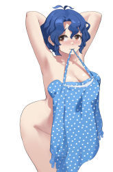 Rule 34 | 1girl, absurdres, antenna hair, armpits, arms up, blue hair, blush, breasts, cleavage, completely nude, convenient censoring, cowboy shot, dark blue hair, dress, highres, idolmaster, idolmaster million live!, large breasts, leaning forward, looking at viewer, mouth hold, nude, polka dot, polka dot dress, short hair, simple background, solo, tearing up, tears, tomid, toyokawa fuka, wavy hair, white background