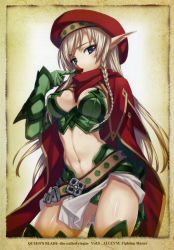 Rule 34 | 00s, 1girl, absurdres, alleyne (queen&#039;s blade), alleyne (queen's blade), beret, blonde hair, blue eyes, blush, braid, breasts, cape, cleavage, elbow gloves, elf, fighting master alleyne, food, fruit, gloves, hat, highres, large breasts, long hair, matsuryuu, midriff, pointy ears, queen&#039;s blade, side braid, skirt, solo, strawberry, thighhighs