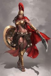 Rule 34 | 1girl, helmet, highres, holding, holding shield, holding sword, holding weapon, shield, solo, spartan, sword, weapon