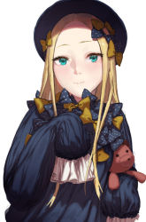 Rule 34 | 1girl, abigail williams (fate), abigail williams (fate) (cosplay), amo (silent bomb19), bad id, bad pixiv id, black bow, black dress, black hat, blonde hair, bow, closed mouth, cosplay, dress, fate/grand order, fate (series), green eyes, hair bow, hat, long hair, long sleeves, looking at viewer, multiple hair bows, parted bangs, polka dot, polka dot bow, simple background, sleeves past fingers, sleeves past wrists, smile, solo, stuffed animal, stuffed toy, teddy bear, too many bows, white background, yellow bow