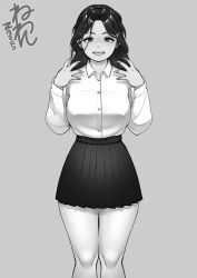 Rule 34 | 1girl, breasts, commentary request, covered erect nipples, grin, large breasts, miniskirt, neone, original, pleated skirt, school uniform, signature, skirt, smile, solo, wavy hair
