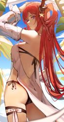 Rule 34 | 1girl, absurdres, arknights, ass, back, bare shoulders, bikini, blue sky, breasts, detached sleeves, from behind, hair ornament, hair rings, halterneck, highres, horn ornament, horns, long hair, long sleeves, looking at viewer, looking back, lufi ays, mouth hold, official alternate costume, palm leaf, purple eyes, red hair, sideways glance, sky, solo, star (symbol), star hair ornament, surtr (arknights), surtr (colorful wonderland) (arknights), swimsuit, thigh strap, very long hair, white sleeves